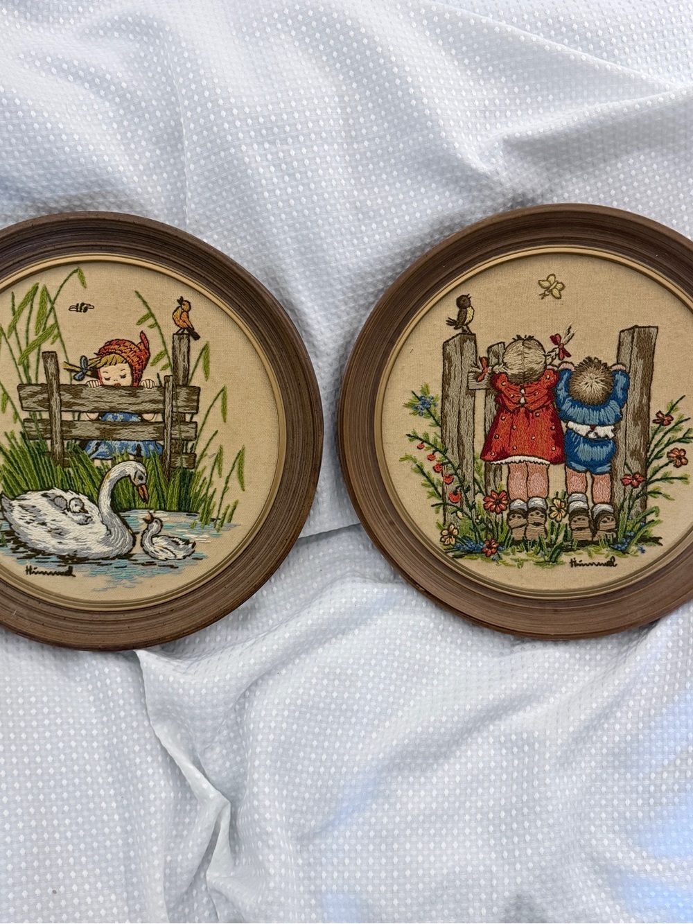 Vintage Large 14” Hummel Crewel Embroidery Framed Art Pair